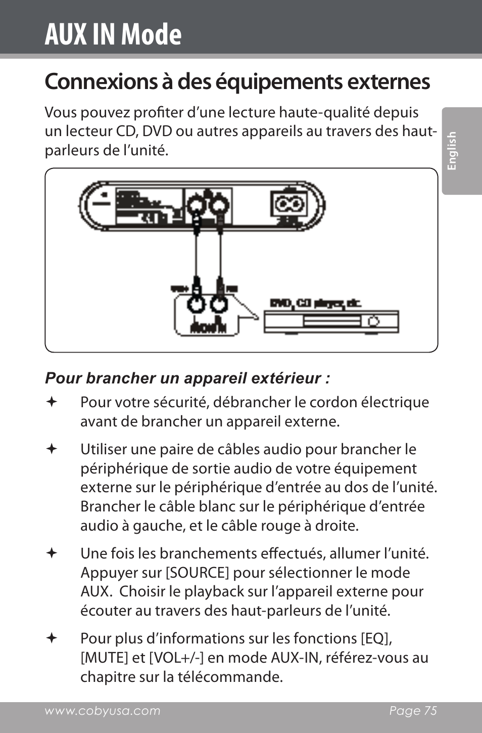 Aux in mode, Connexions à des équipements externes | COBY electronic CSMP160 User Manual | Page 75 / 84