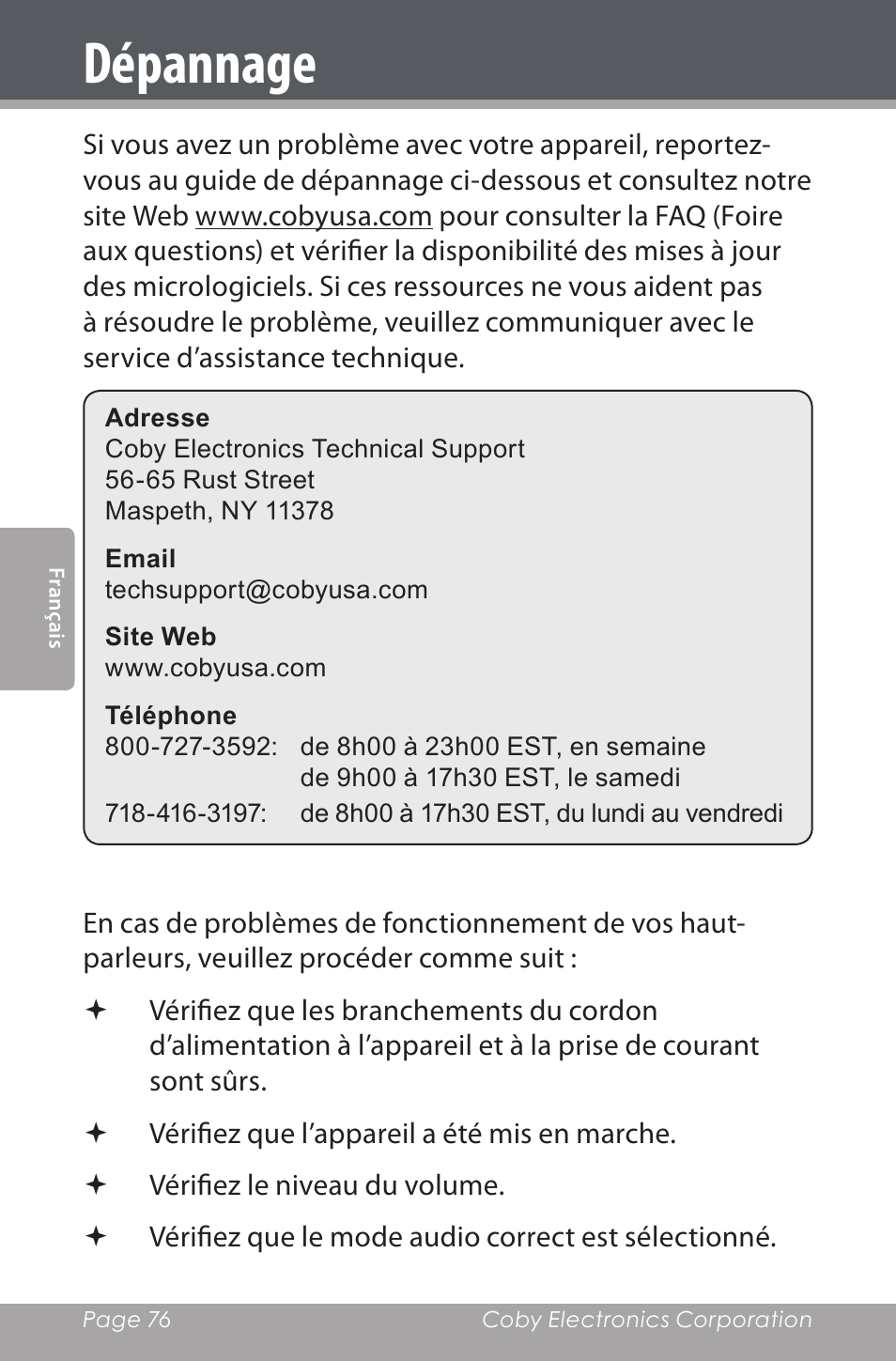 Dépannage | COBY electronic CSMP160 User Manual | Page 76 / 84