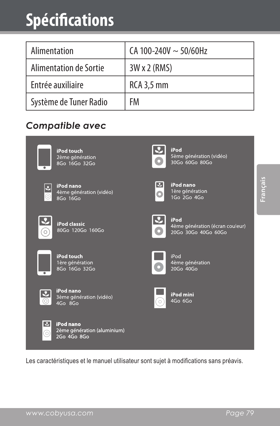 Spécifications | COBY electronic CSMP160 User Manual | Page 79 / 84