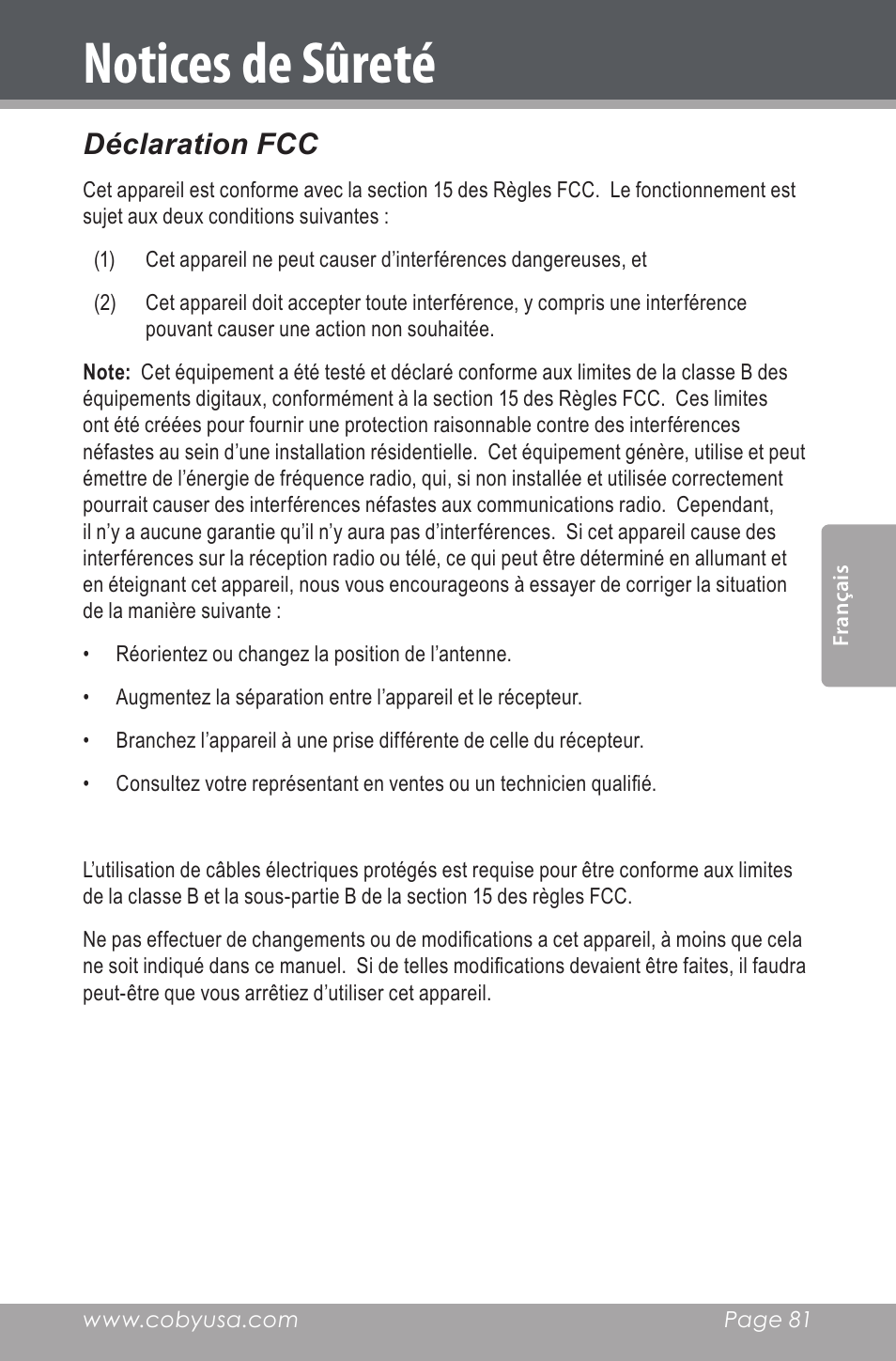 Notices de sûreté, Déclaration fcc | COBY electronic CSMP160 User Manual | Page 81 / 84