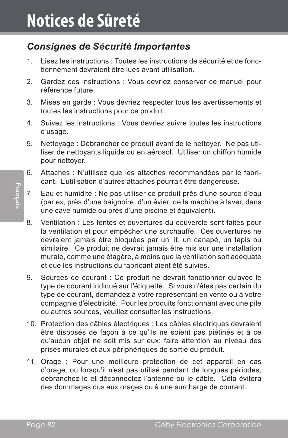 Notices de sûreté, Consignes de sécurité importantes | COBY electronic CSMP160 User Manual | Page 82 / 84
