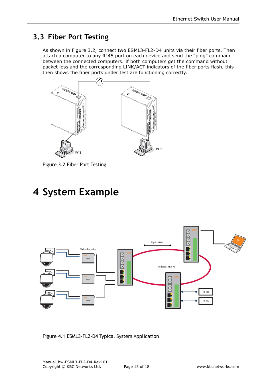 4 system example, 3 fiber port testing | KBC Networks ESML3-FL2-D4 User Manual | Page 13 / 18