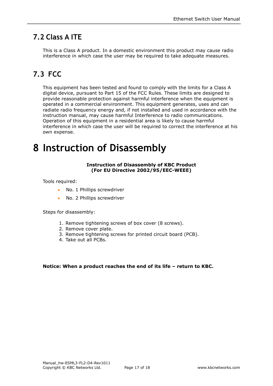 8 instruction of disassembly, 2 class a ite, 3 fcc | KBC Networks ESML3-FL2-D4 User Manual | Page 17 / 18