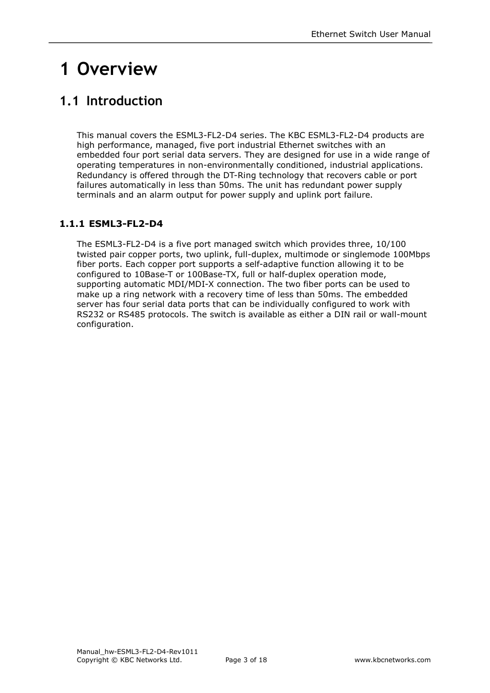 1 overview, 1 introduction | KBC Networks ESML3-FL2-D4 User Manual | Page 3 / 18