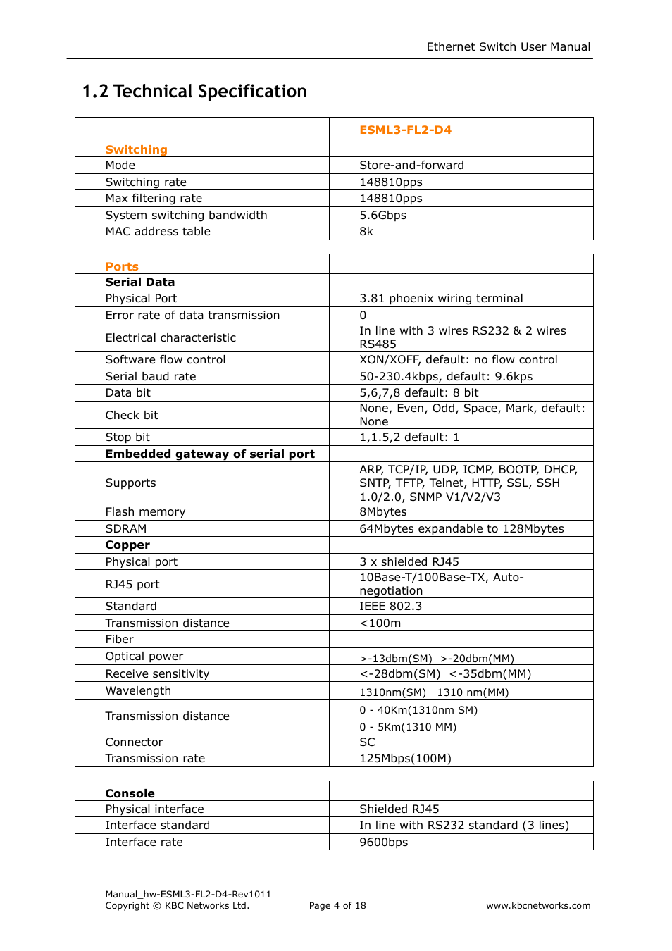 2 technical specification | KBC Networks ESML3-FL2-D4 User Manual | Page 4 / 18