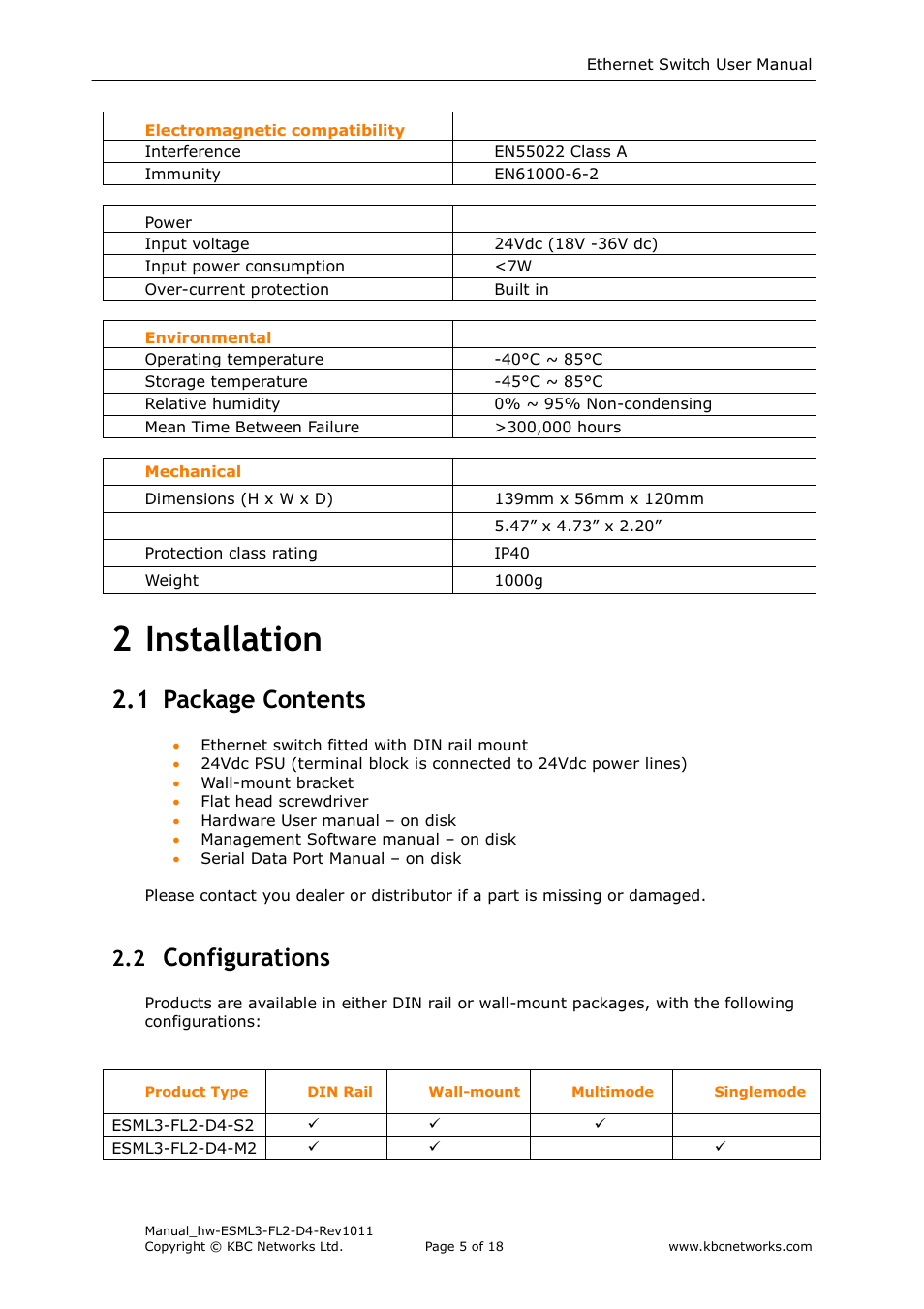 2 installation, 1 package contents, Configurations | KBC Networks ESML3-FL2-D4 User Manual | Page 5 / 18