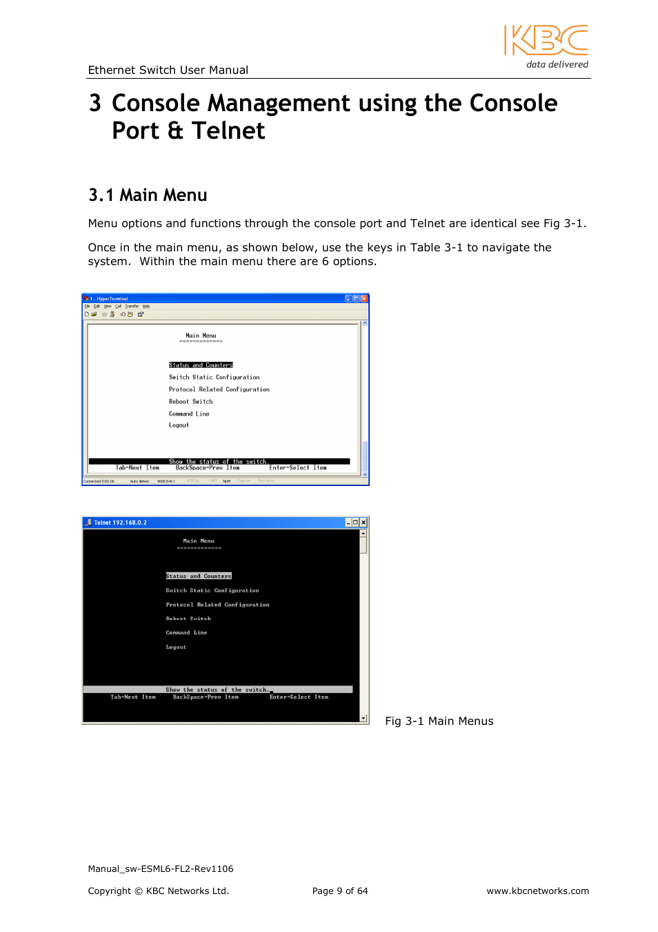 1 main menu | KBC Networks ESML6-FL2 User Manual | Page 10 / 64