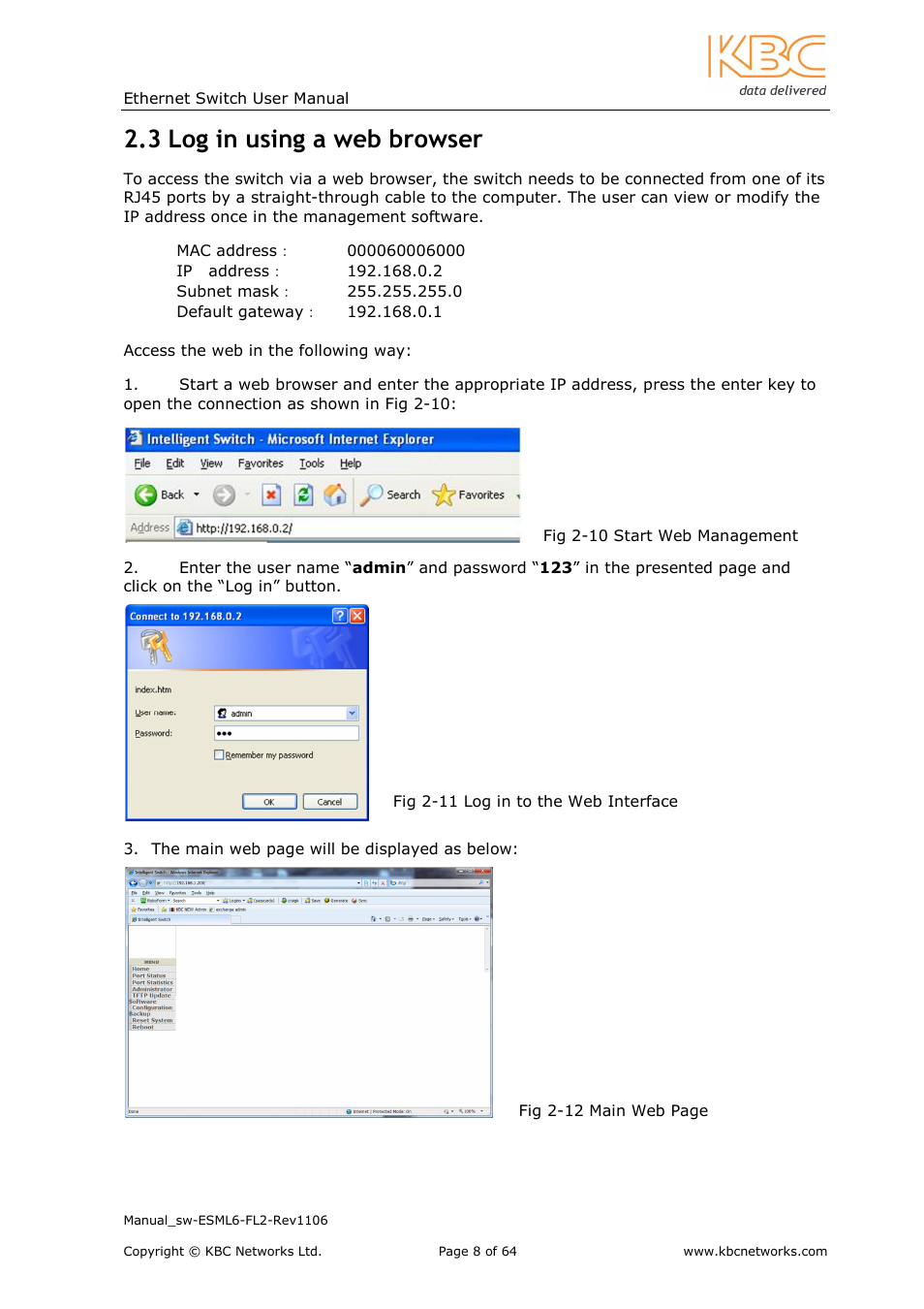 3 log in using a web browser | KBC Networks ESML6-FL2 User Manual | Page 9 / 64