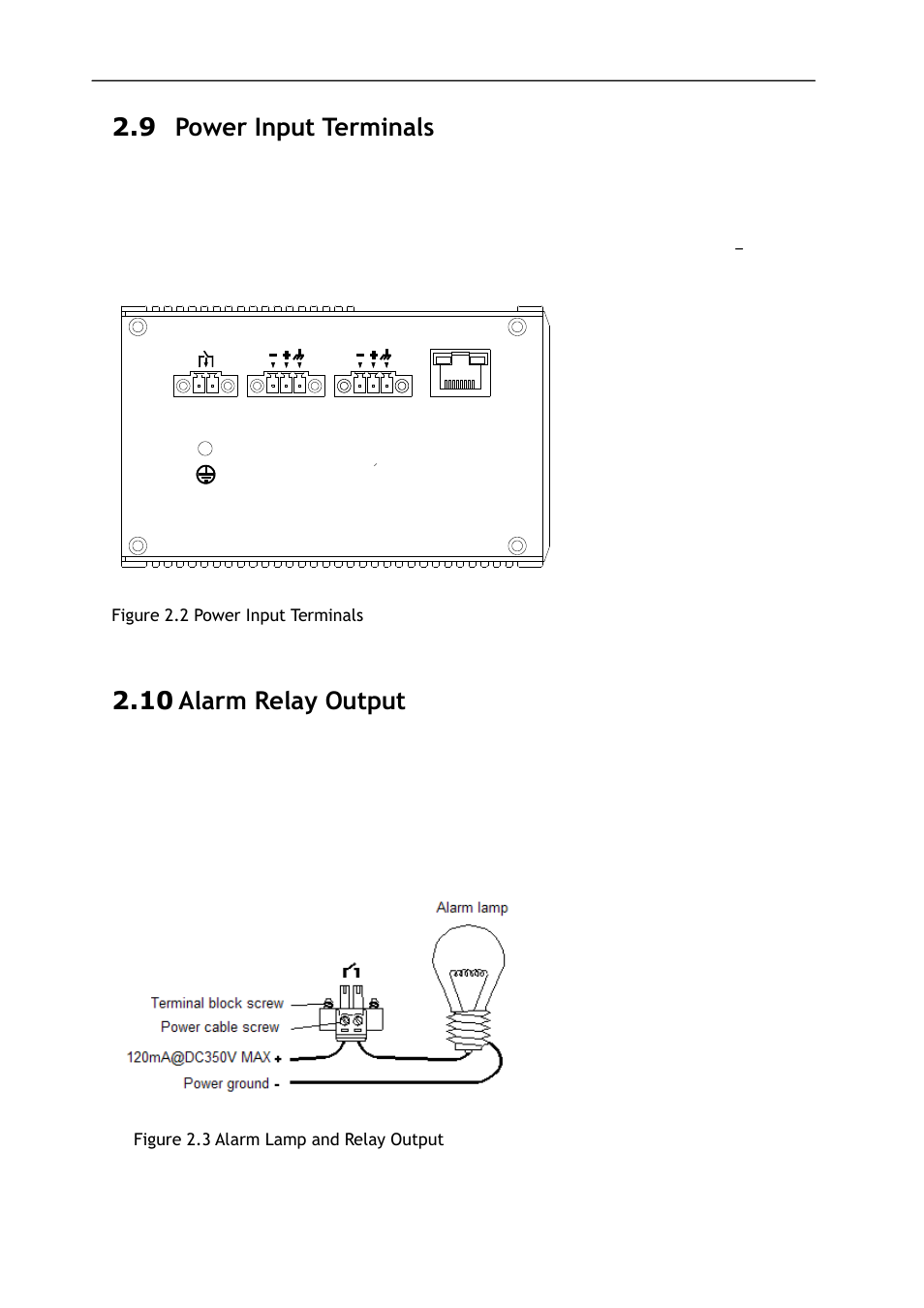 Ower, Nput, Erminals | Larm, Elay, Utput, 9 power input terminals, 10 alarm relay output | KBC Networks ESML6-P3 User Manual | Page 10 / 17