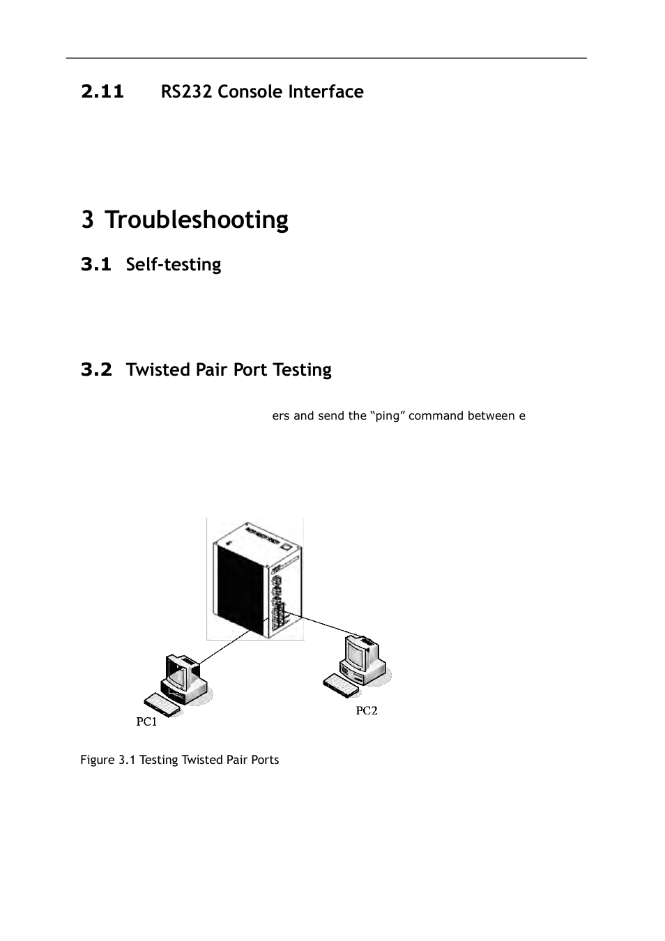 Rs232, Onsole, Nterface | Troubleshooting, Testing, Wisted, Esting, 3 troubleshooting, 1 self-testing, 2 twisted pair port testing | KBC Networks ESML6-P3 User Manual | Page 11 / 17