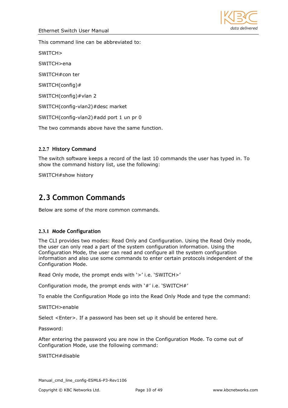 3 common commands | KBC Networks ESML6-P3 User Manual | Page 11 / 49