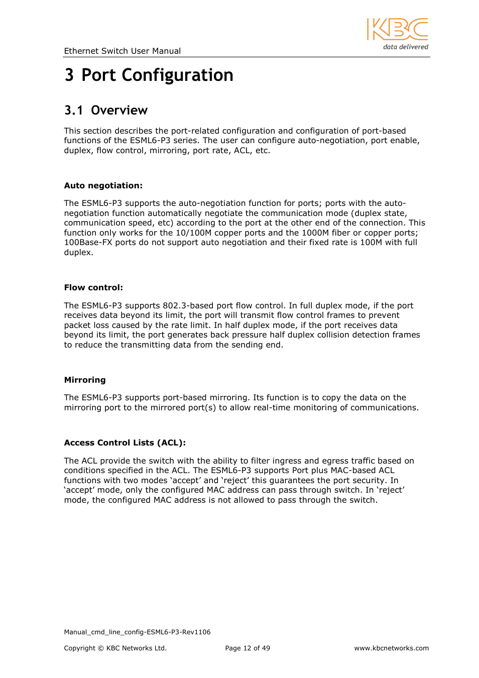 3 port configuration, 1 overview | KBC Networks ESML6-P3 User Manual | Page 13 / 49