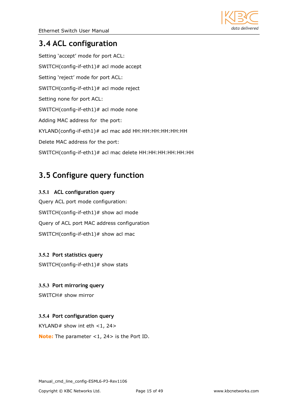 4 acl configuration, 5 configure query function | KBC Networks ESML6-P3 User Manual | Page 16 / 49