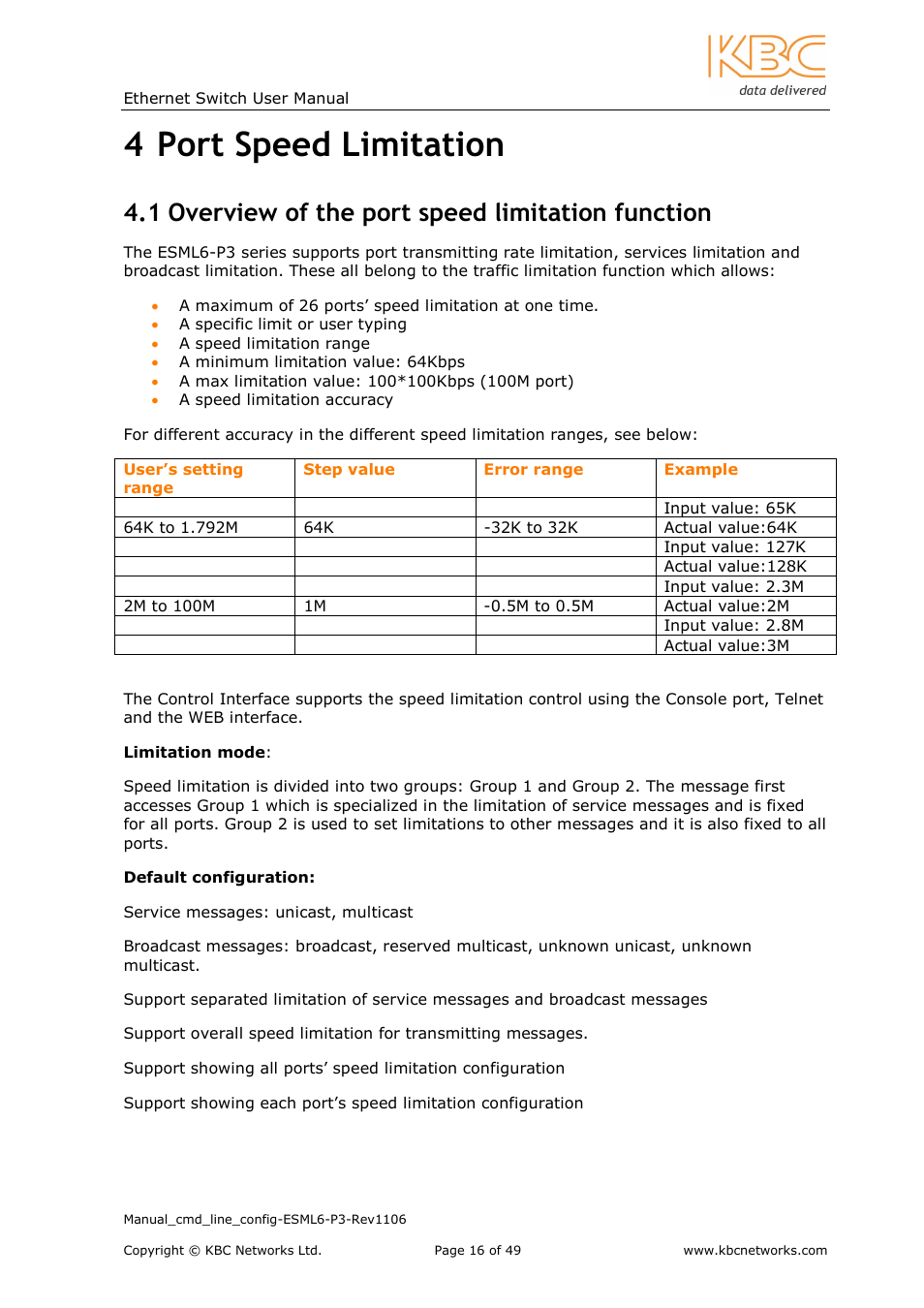 4 port speed limitation, 1 overview of the port speed limitation function | KBC Networks ESML6-P3 User Manual | Page 17 / 49