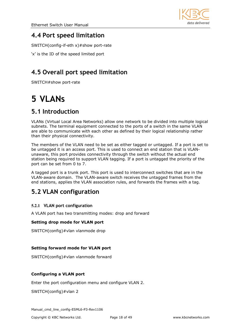 5 vlans, 4 port speed limitation, 5 overall port speed limitation | 1 introduction, 2 vlan configuration | KBC Networks ESML6-P3 User Manual | Page 19 / 49