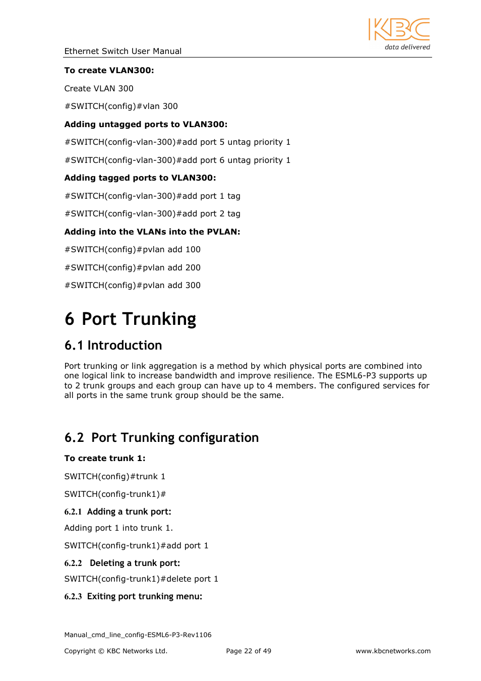 6 port trunking, 1 introduction, 2 port trunking configuration | KBC Networks ESML6-P3 User Manual | Page 23 / 49