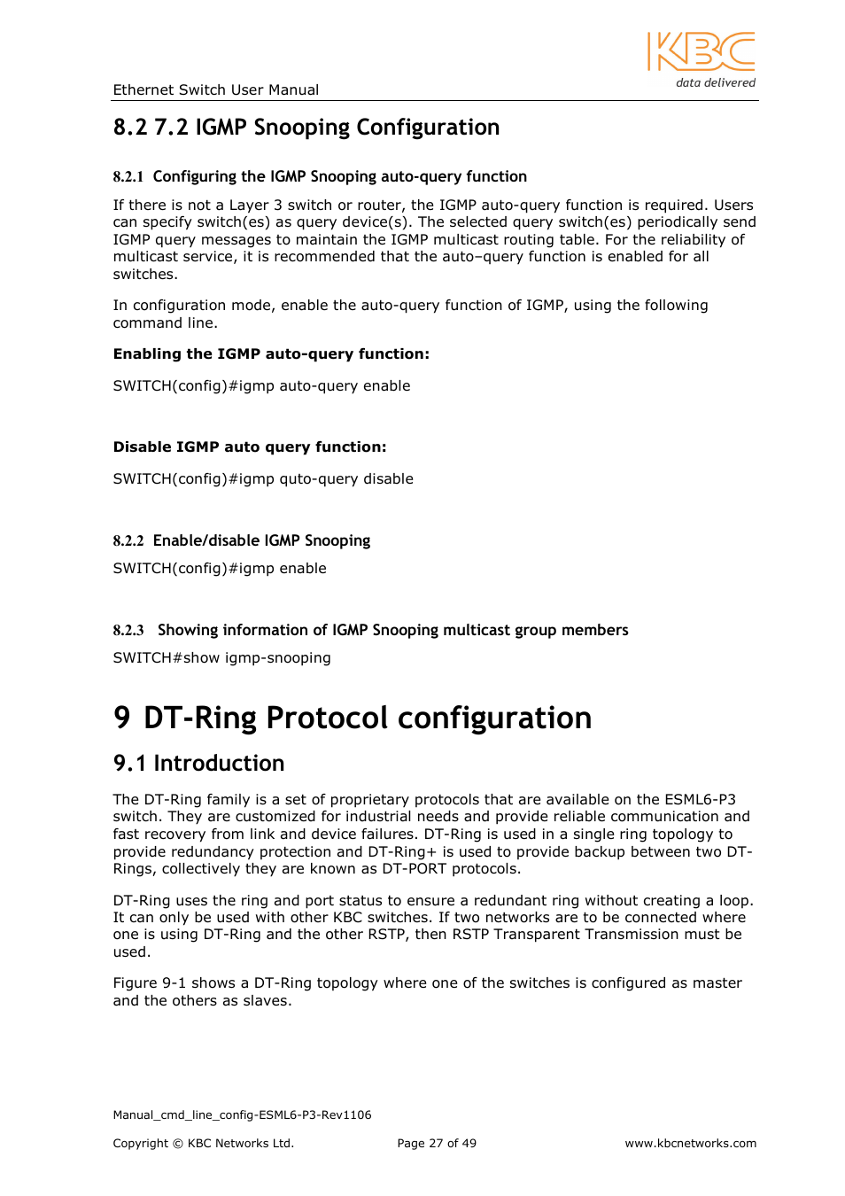 9 dt-ring protocol configuration, 2 7.2 igmp snooping configuration, 1 introduction | KBC Networks ESML6-P3 User Manual | Page 28 / 49