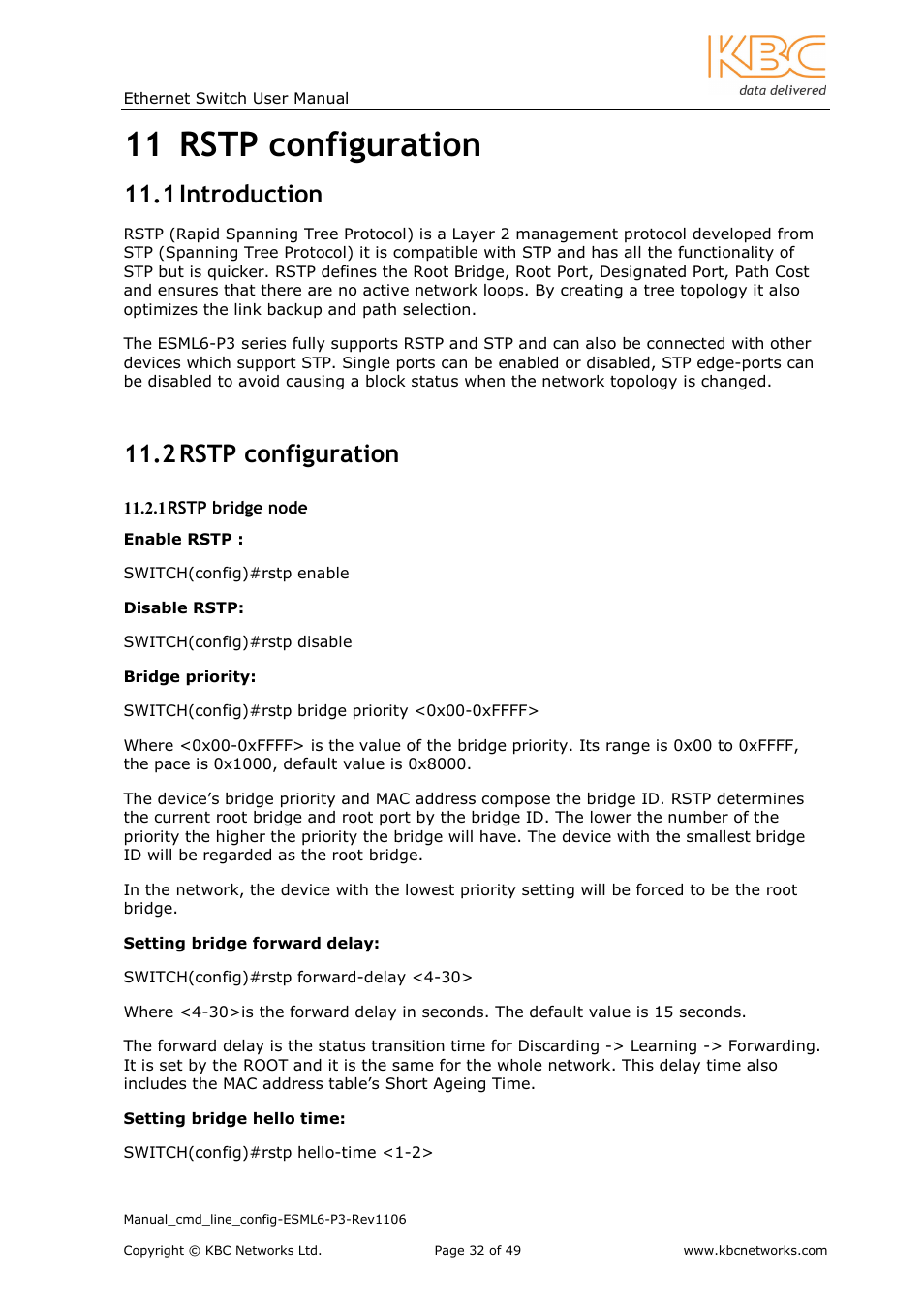 11 rstp configuration, 1 introduction, 2 rstp configuration | KBC Networks ESML6-P3 User Manual | Page 33 / 49