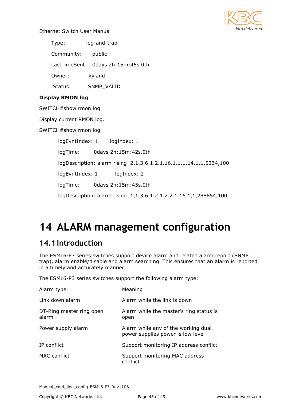 14 alarm management configuration, 1 introduction | KBC Networks ESML6-P3 User Manual | Page 46 / 49