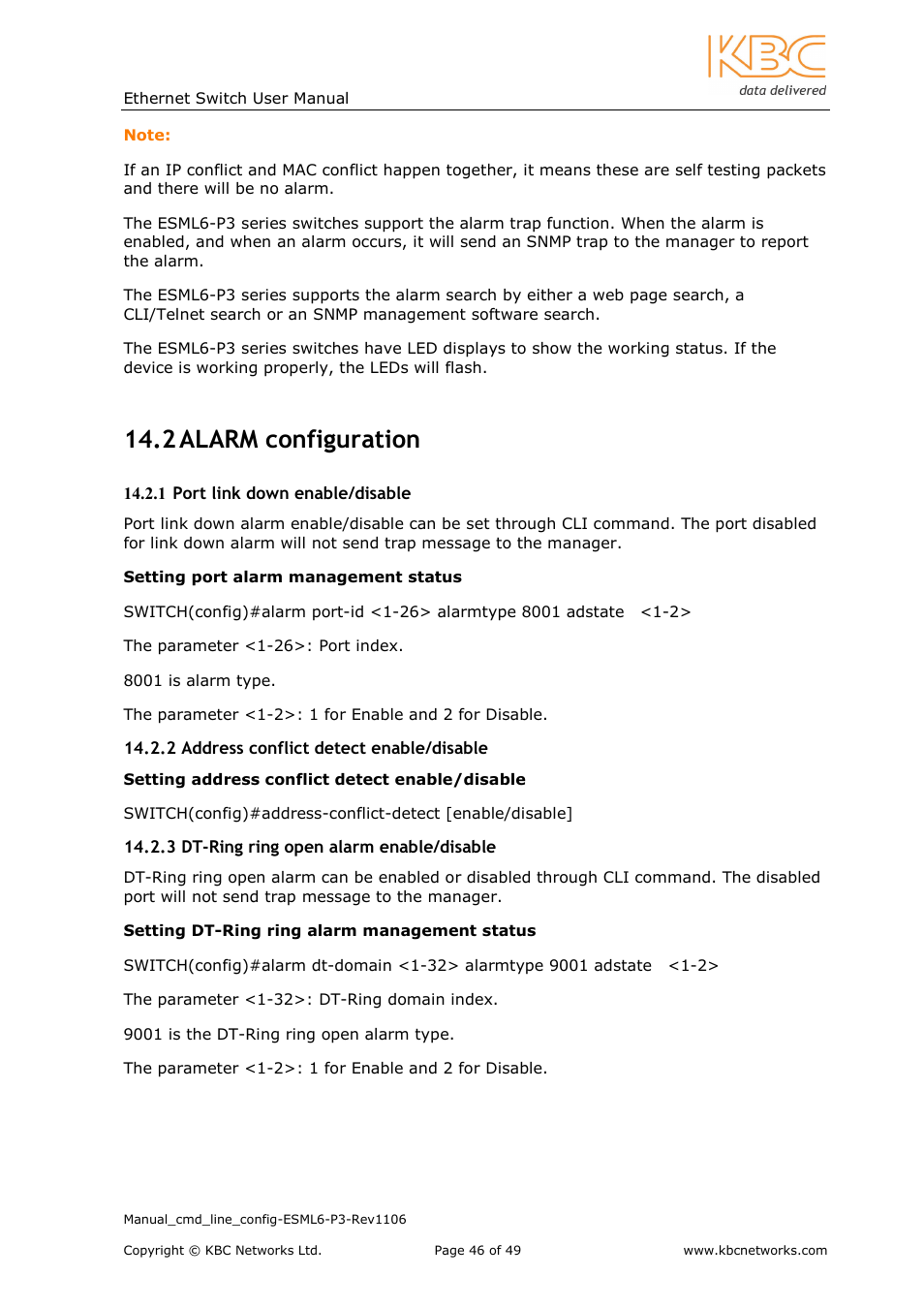 2 alarm configuration | KBC Networks ESML6-P3 User Manual | Page 47 / 49