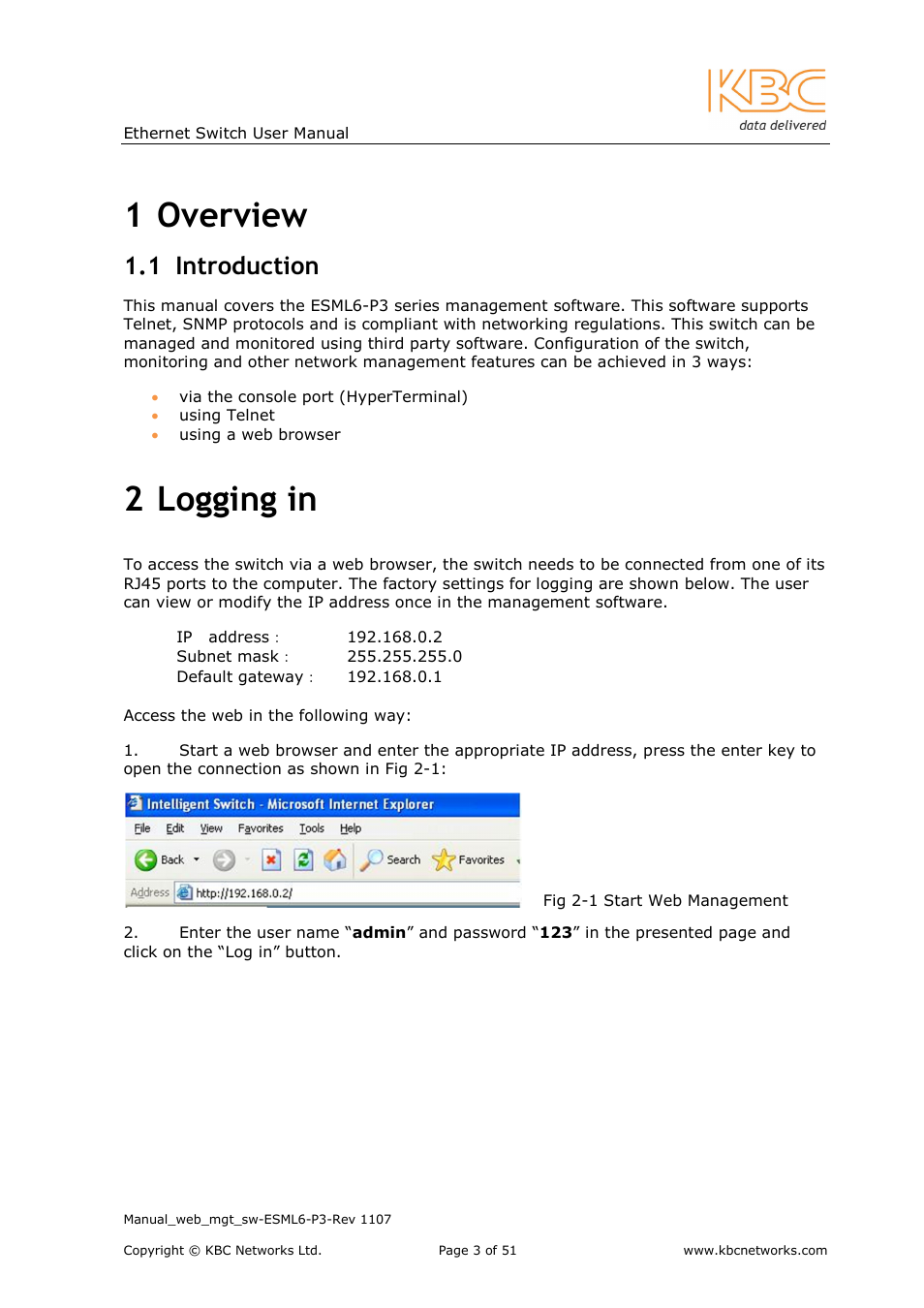 1 overview, 2 logging in, 1 introduction | KBC Networks ESML6-P3 User Manual | Page 4 / 51