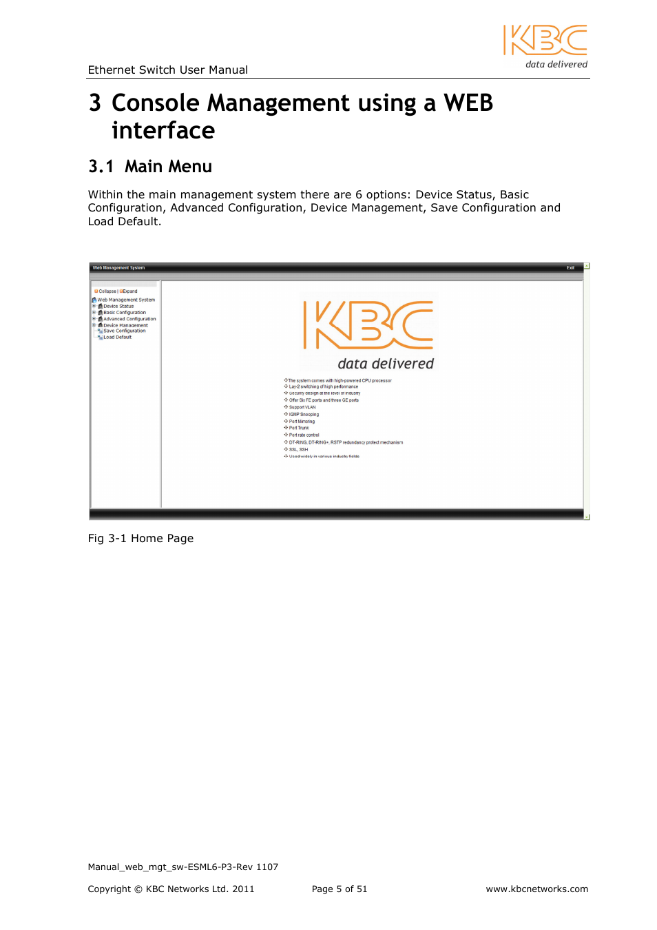 3 console management using a web interface, 1 main menu | KBC Networks ESML6-P3 User Manual | Page 6 / 51