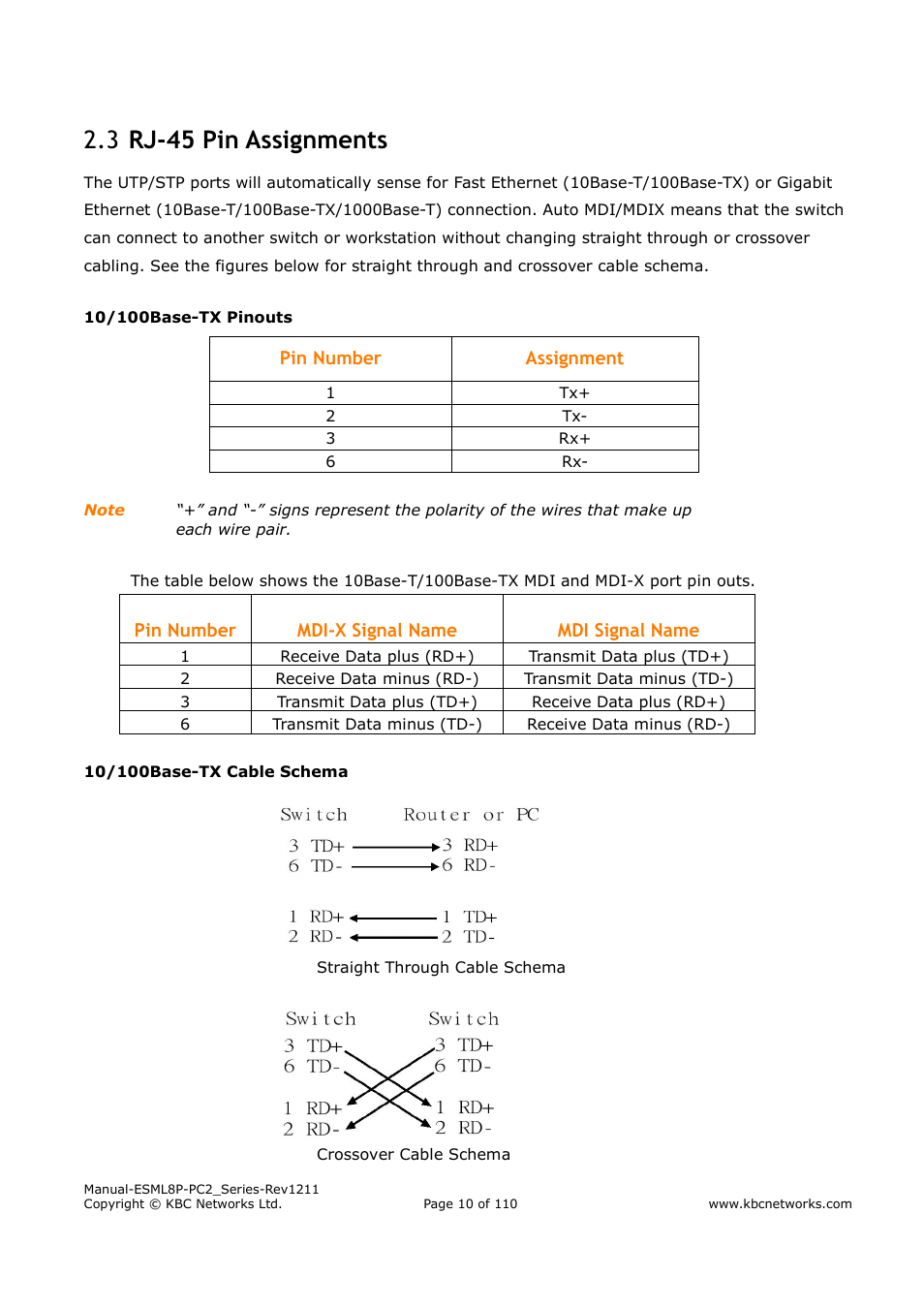 Rj-45 pin assignments 2.3 | KBC Networks ESML8P-PC2 User Manual | Page 10 / 110