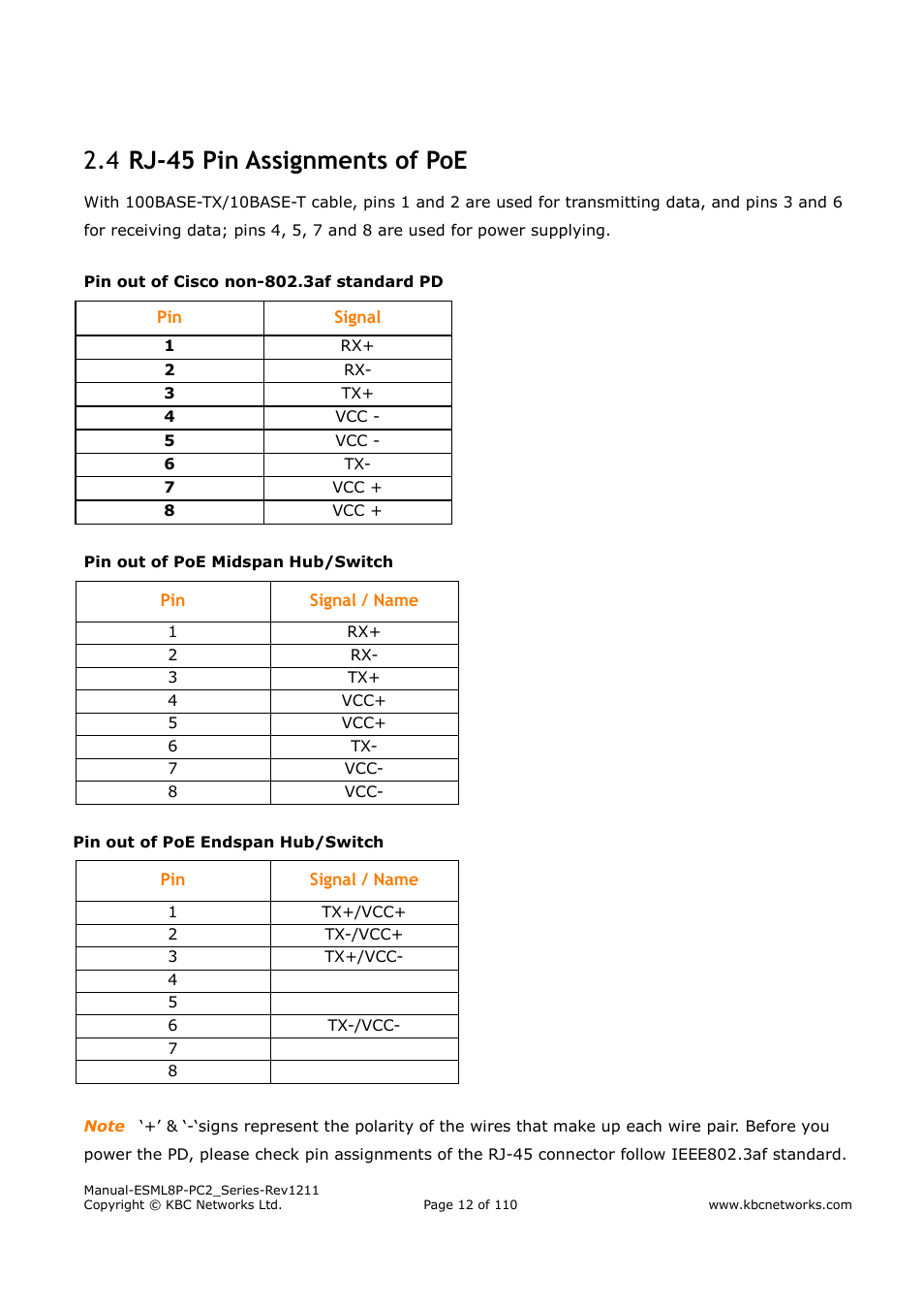 Rj-45 pin assignments of poe 2.4 | KBC Networks ESML8P-PC2 User Manual | Page 12 / 110