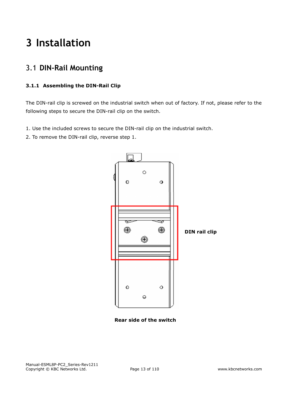 3 installation, Din-rail mounting 3.1 | KBC Networks ESML8P-PC2 User Manual | Page 13 / 110