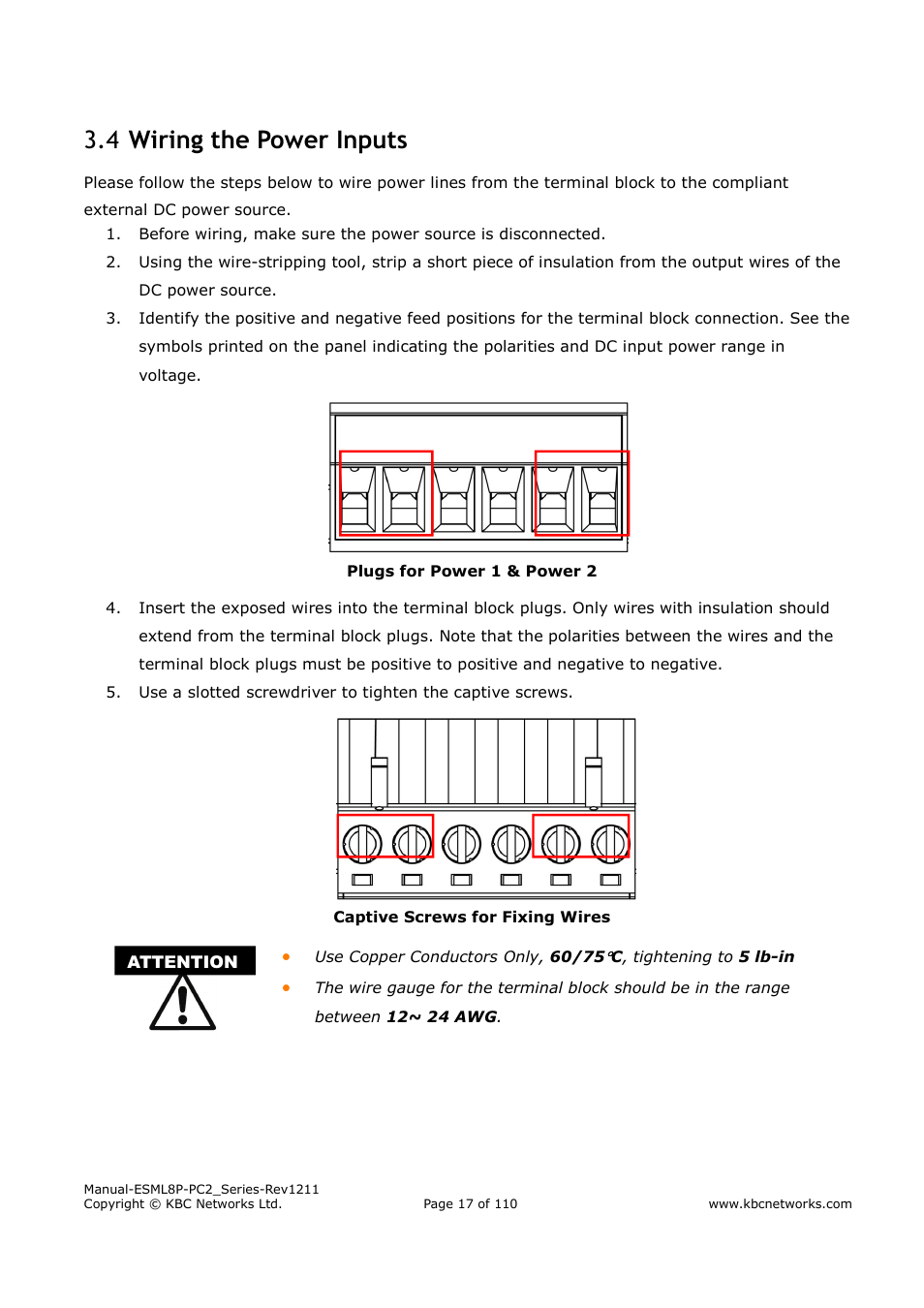 Wiring the power inputs 3.4 | KBC Networks ESML8P-PC2 User Manual | Page 17 / 110