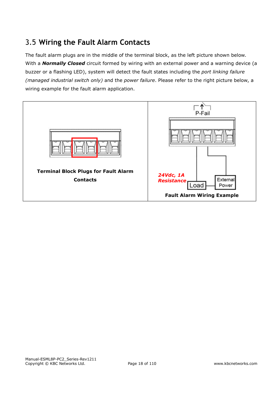 Wiring the fault alarm contacts 3.5 | KBC Networks ESML8P-PC2 User Manual | Page 18 / 110