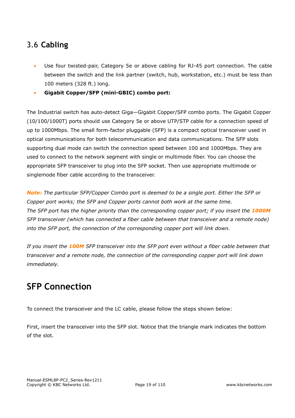 Sfp connection, Cabling 3.6 | KBC Networks ESML8P-PC2 User Manual | Page 19 / 110