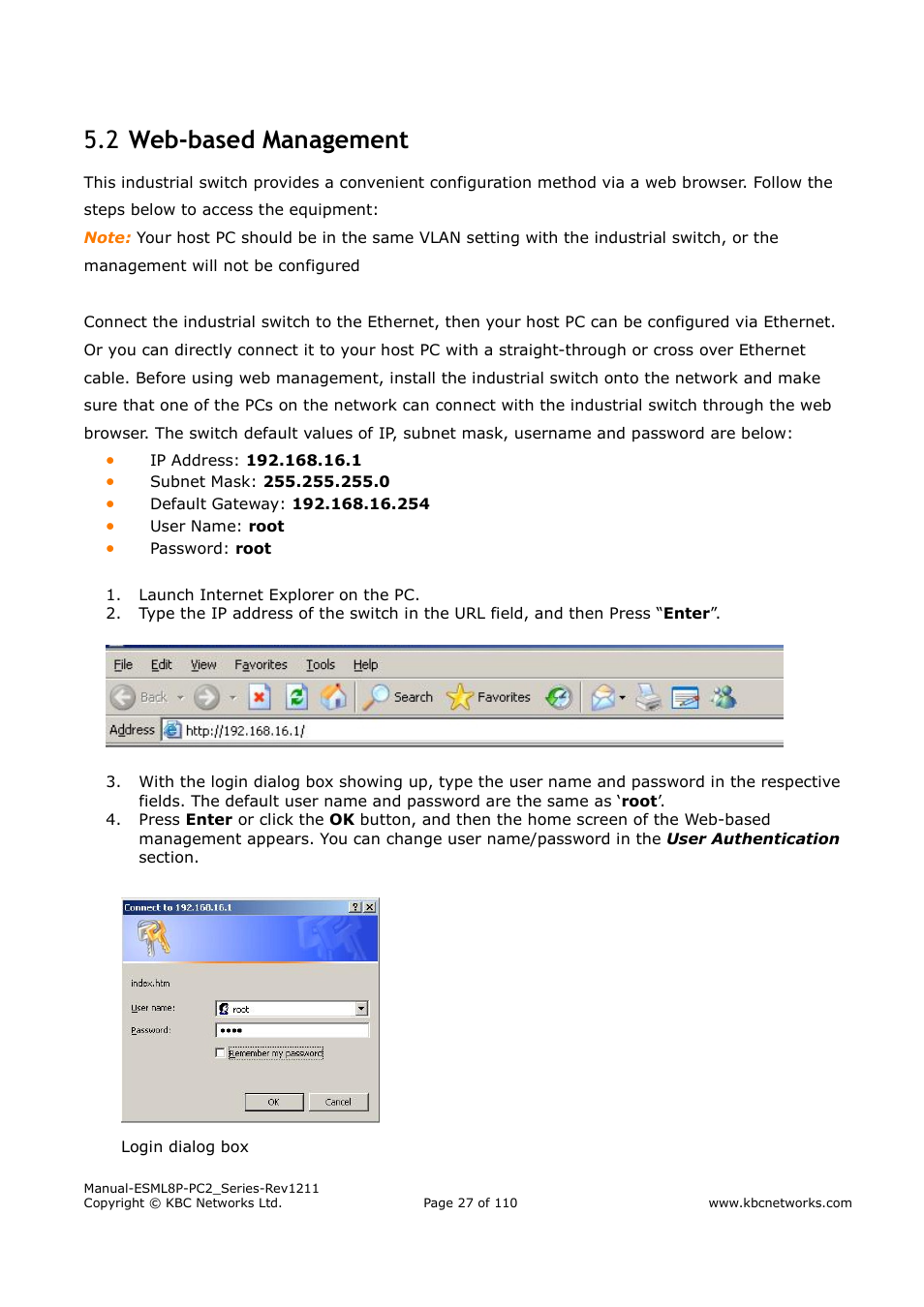 Web-based management 5.2 | KBC Networks ESML8P-PC2 User Manual | Page 27 / 110