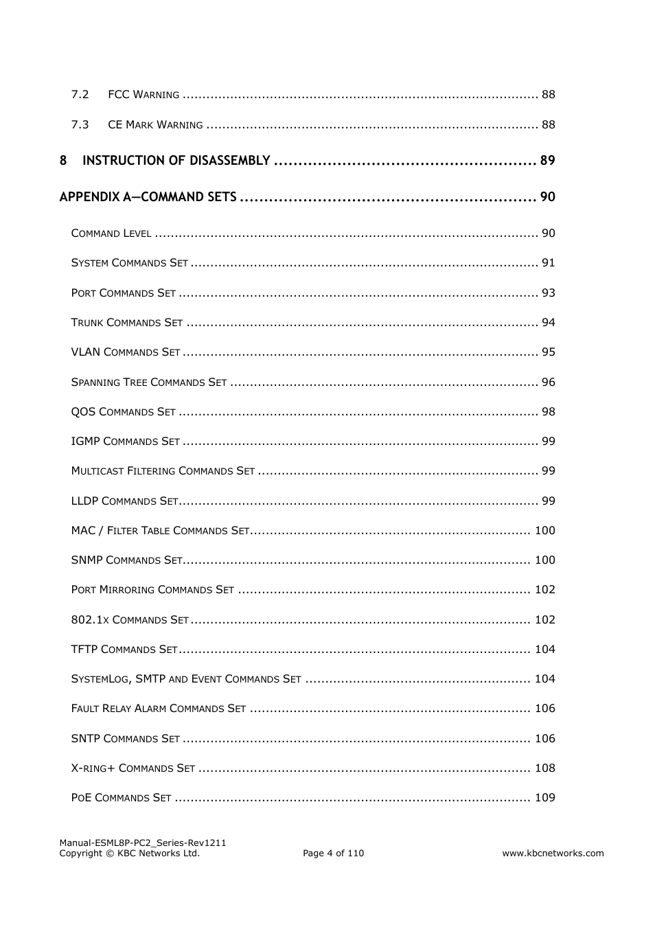 Instruction of disassembly, Appendix a—command sets | KBC Networks ESML8P-PC2 User Manual | Page 4 / 110