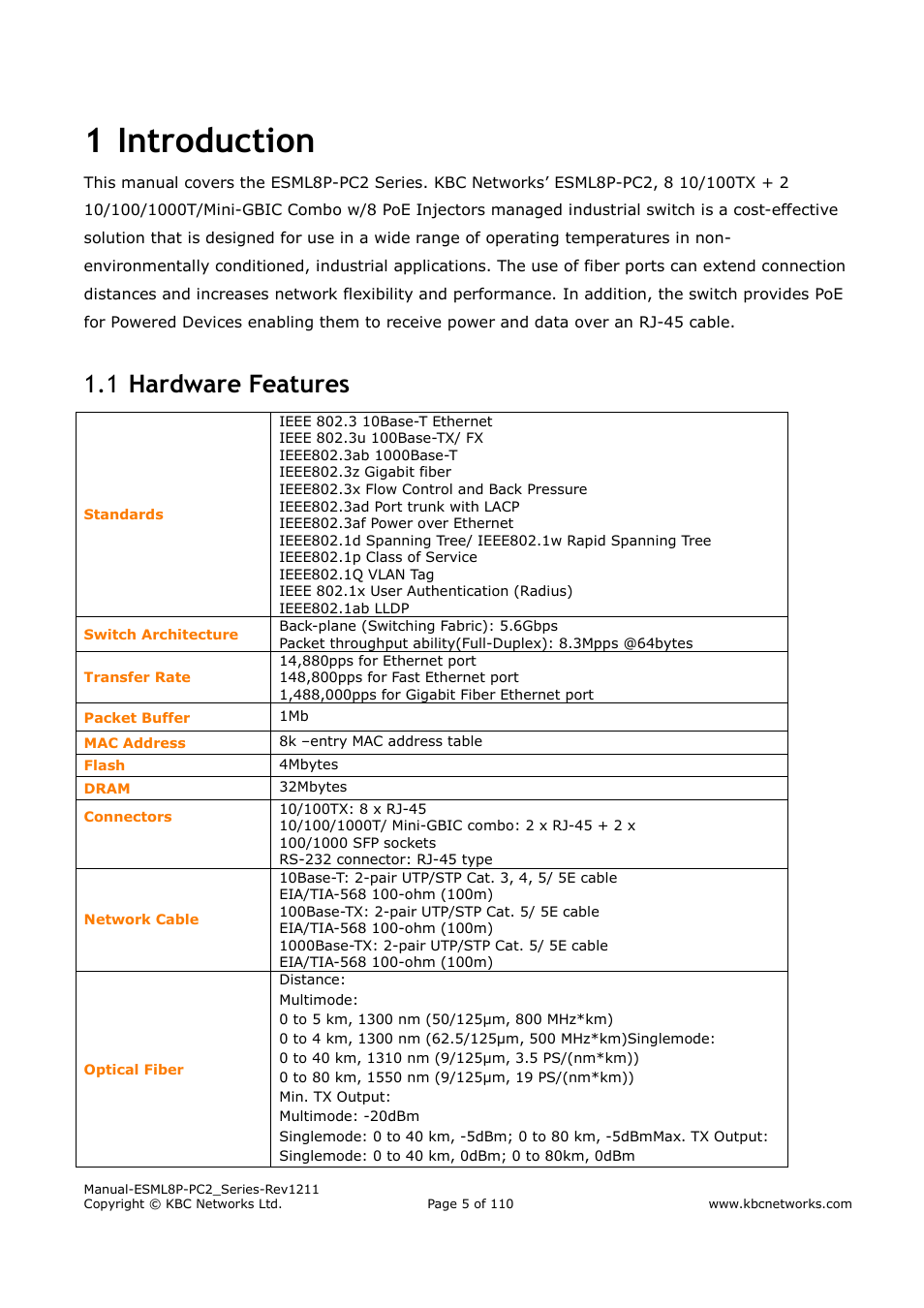 1 introduction, Hardware features 1.1 | KBC Networks ESML8P-PC2 User Manual | Page 5 / 110