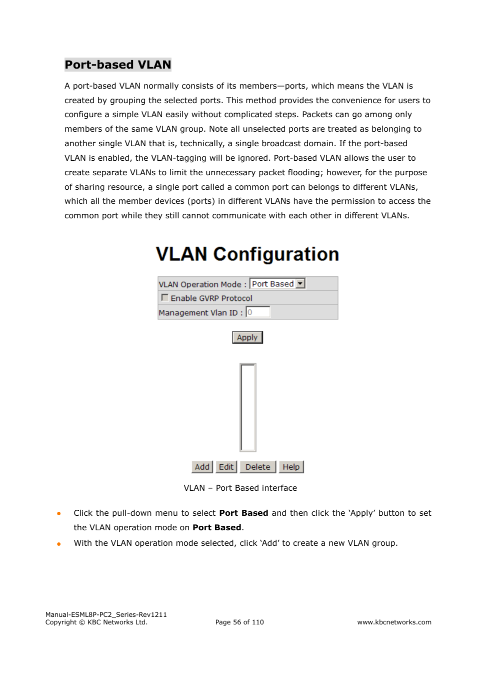 Port-based vlan | KBC Networks ESML8P-PC2 User Manual | Page 56 / 110