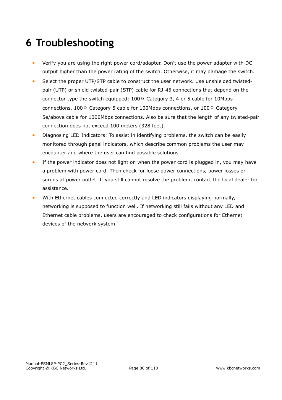 6 troubleshooting | KBC Networks ESML8P-PC2 User Manual | Page 86 / 110