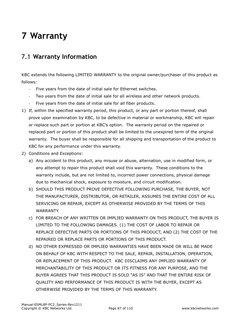 7 warranty, Warranty information 7.1 | KBC Networks ESML8P-PC2 User Manual | Page 87 / 110