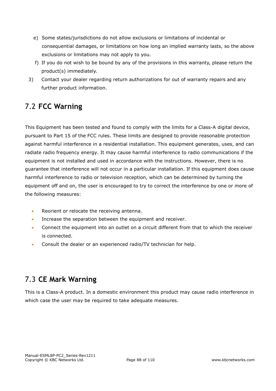 Fcc warning 7.2, Ce mark warning 7.3 | KBC Networks ESML8P-PC2 User Manual | Page 88 / 110