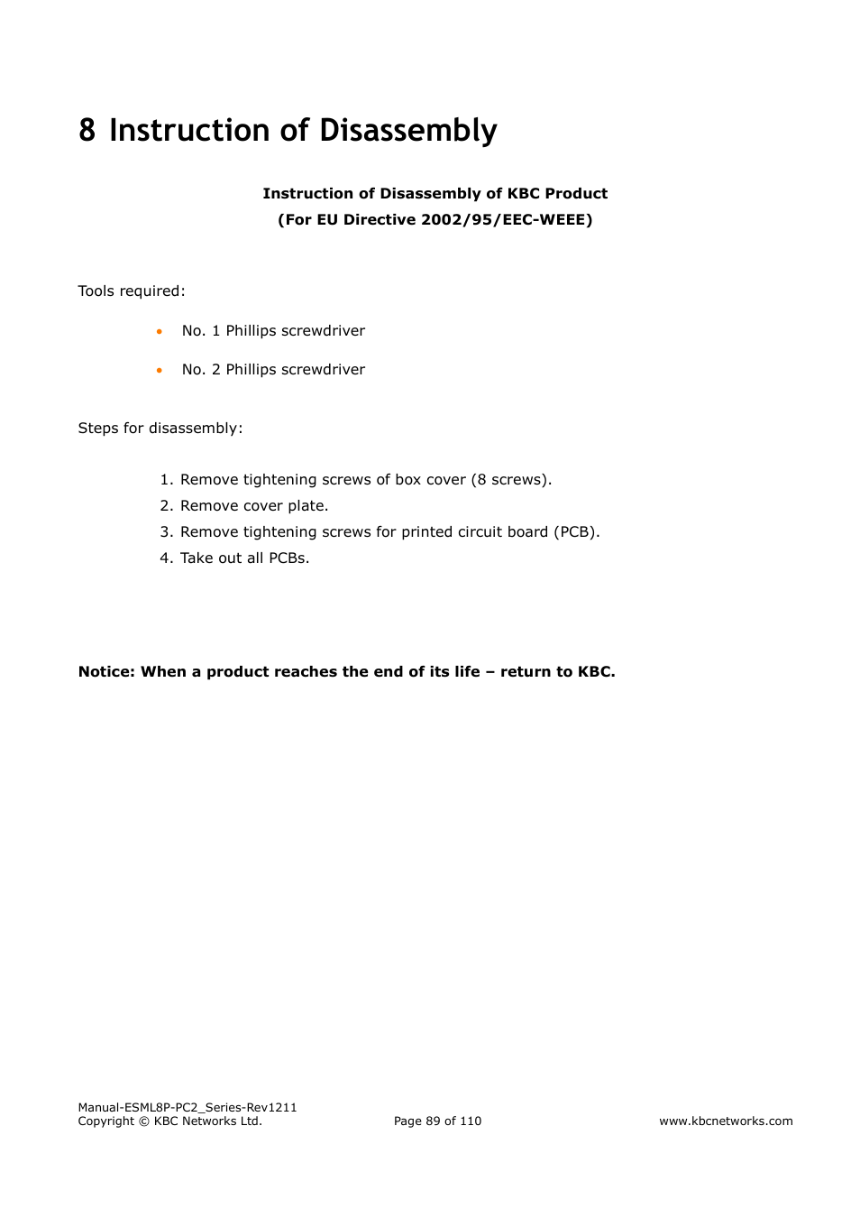 8 instruction of disassembly | KBC Networks ESML8P-PC2 User Manual | Page 89 / 110