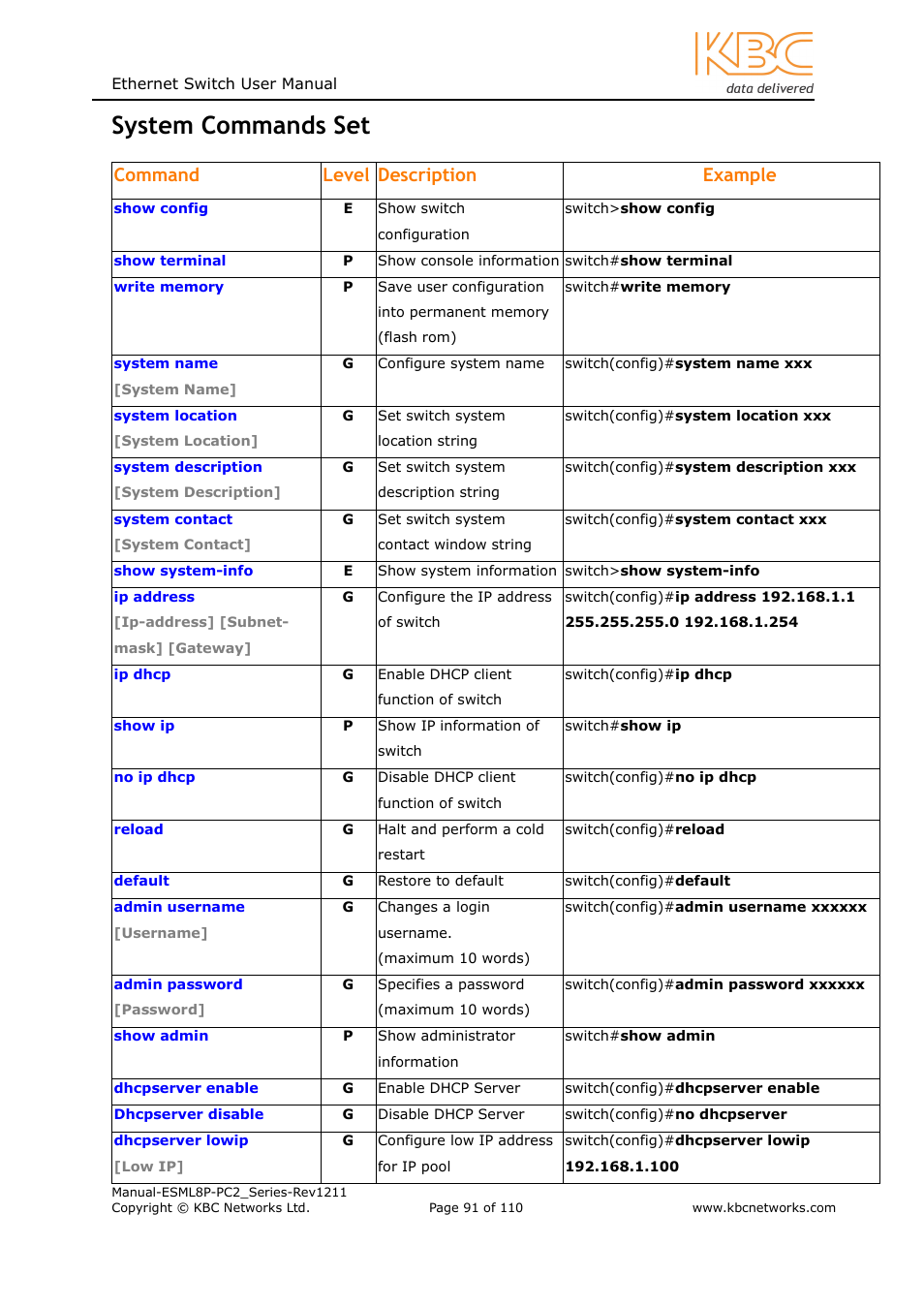 System commands set, Command level description example | KBC Networks ESML8P-PC2 User Manual | Page 91 / 110