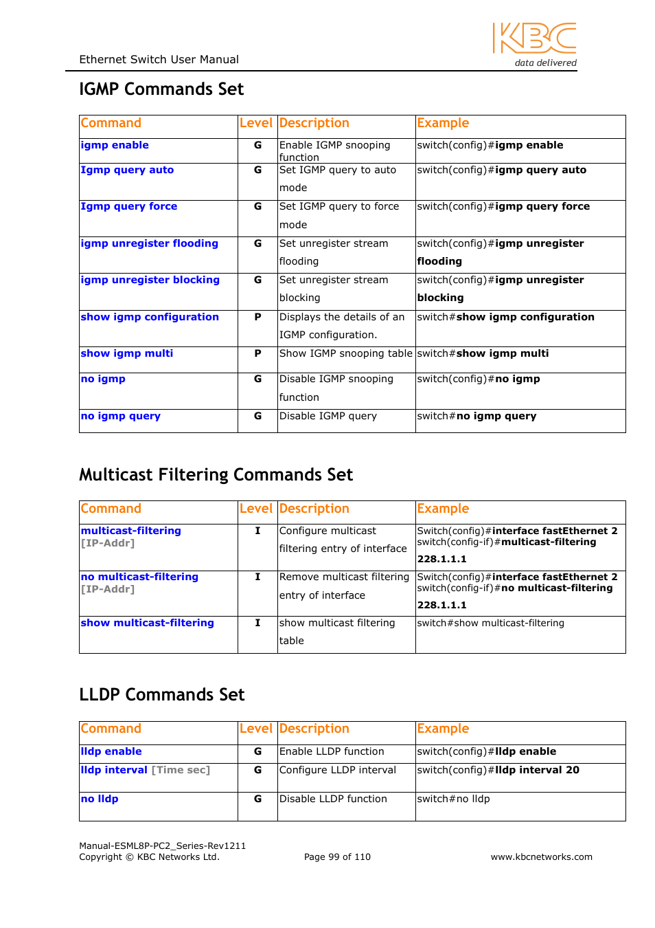 Igmp commands set, Multicast filtering commands set, Lldp commands set | Command level description example | KBC Networks ESML8P-PC2 User Manual | Page 99 / 110