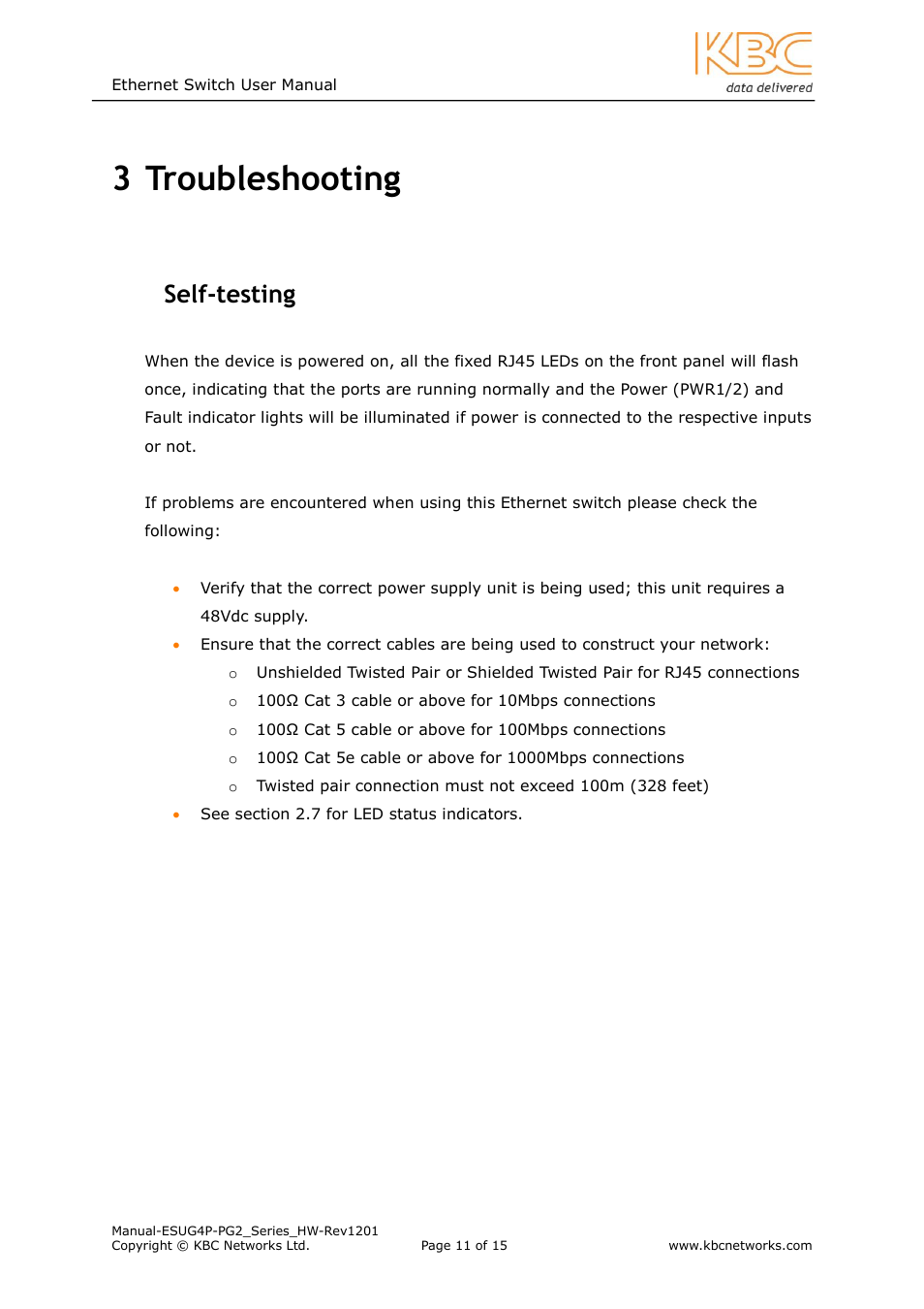 Troubleshooting, Testing, 3 troubleshooting | 1 self-testing | KBC Networks ESUG4P-PG2 User Manual | Page 11 / 15
