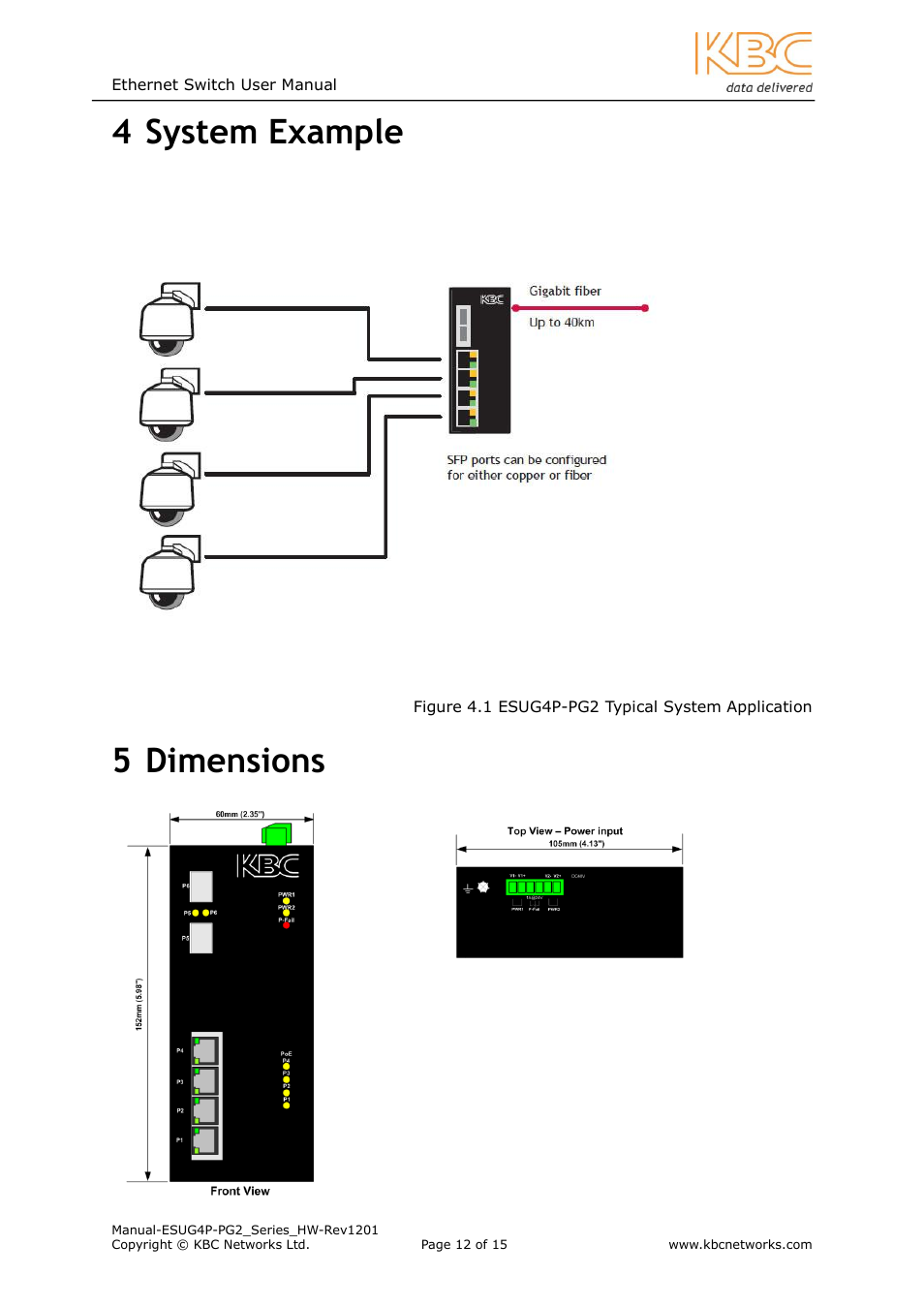 System example, Dimensions, 4 system example | 5 dimensions | KBC Networks ESUG4P-PG2 User Manual | Page 12 / 15