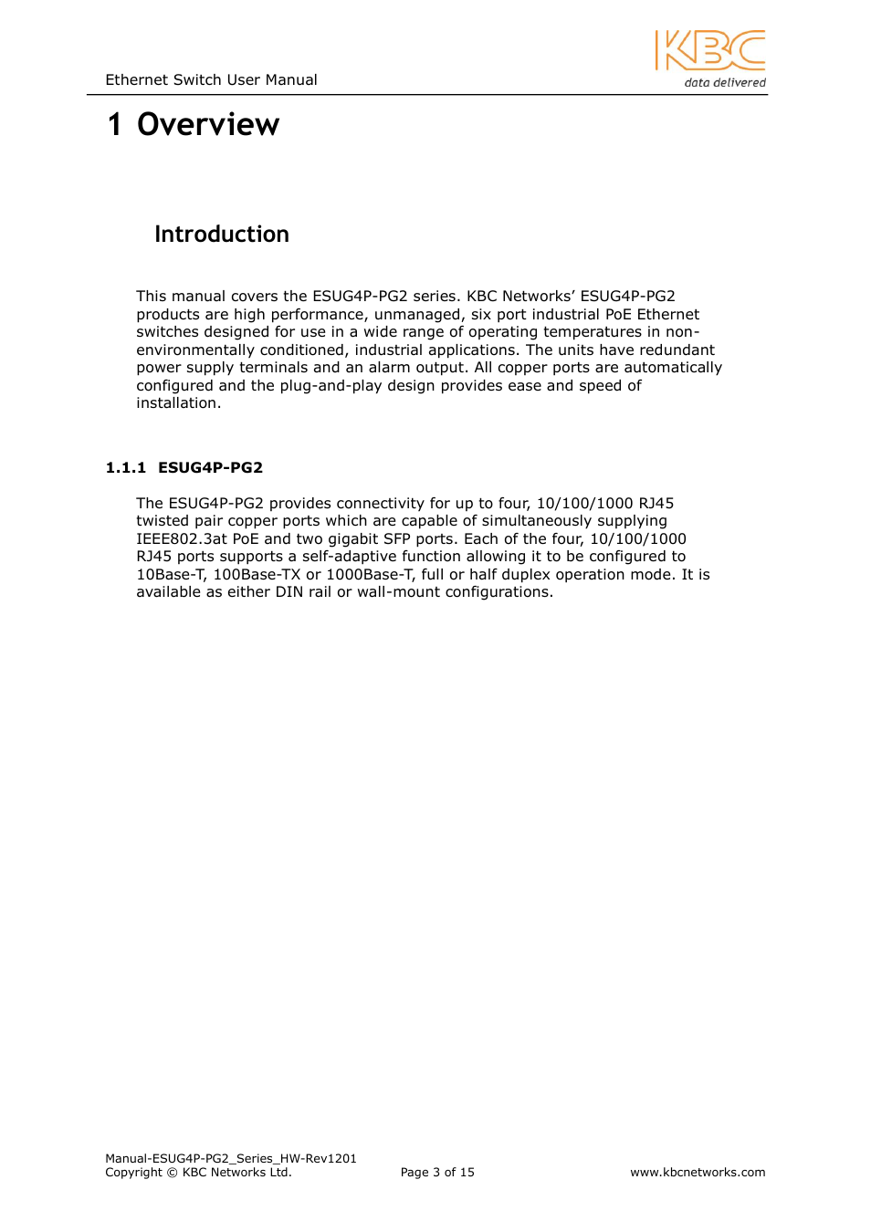 Overview, Ntroduction, Esug4p-pg2 | 1 overview, 1 introduction | KBC Networks ESUG4P-PG2 User Manual | Page 3 / 15