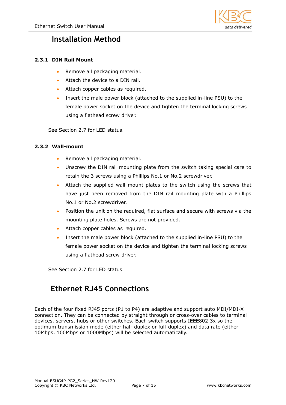 Nstallation, Ethod, Din rail mount | Wall-mount, Thernet, Rj45, Onnections, Installation method, 4 ethernet rj45 connections | KBC Networks ESUG4P-PG2 User Manual | Page 7 / 15