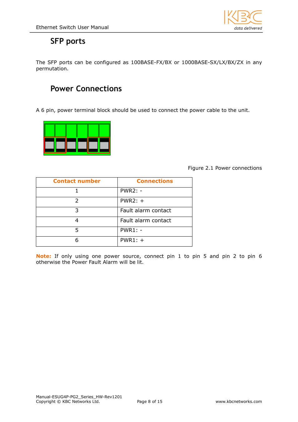 Ports, Ower, Onnections | 5 sfp ports, 6 power connections | KBC Networks ESUG4P-PG2 User Manual | Page 8 / 15
