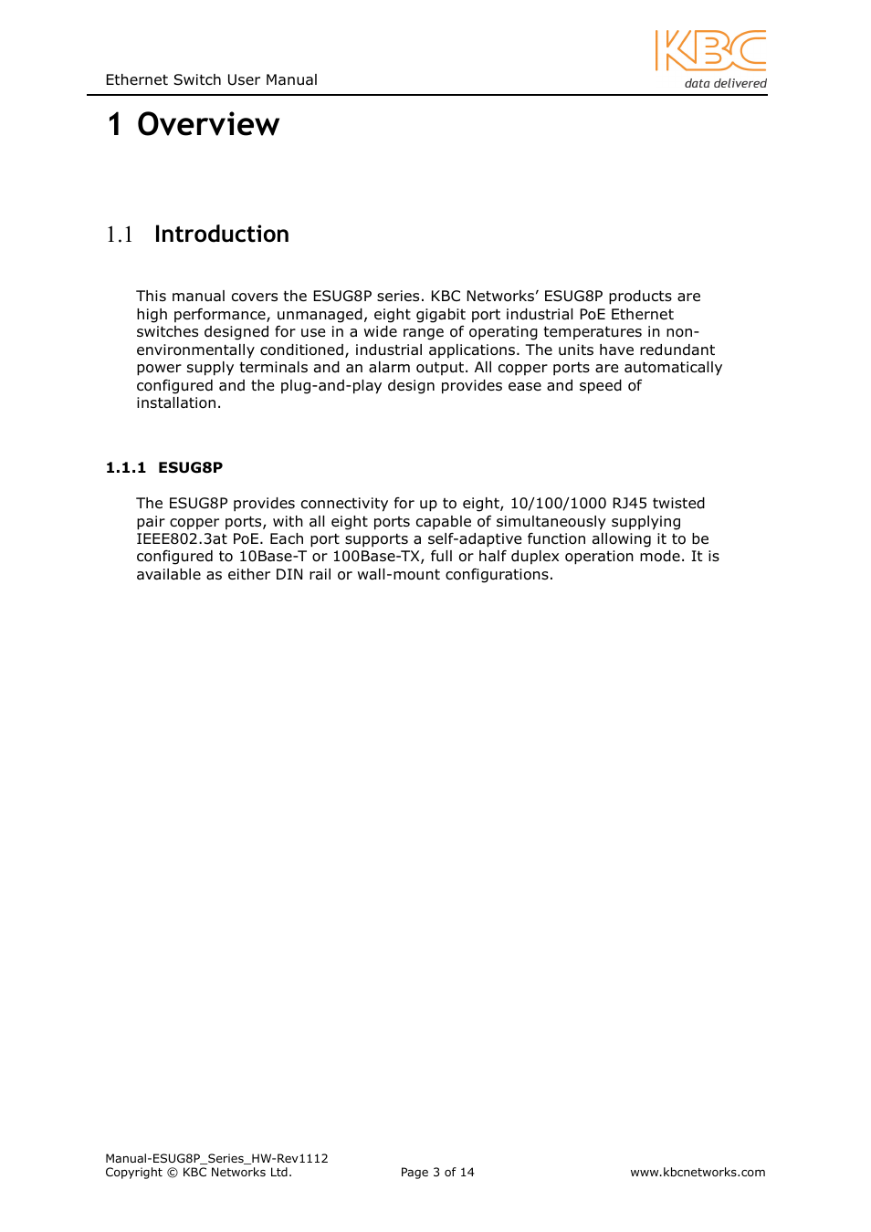 1 overview, 1 introduction | KBC Networks ESUG8P User Manual | Page 3 / 14