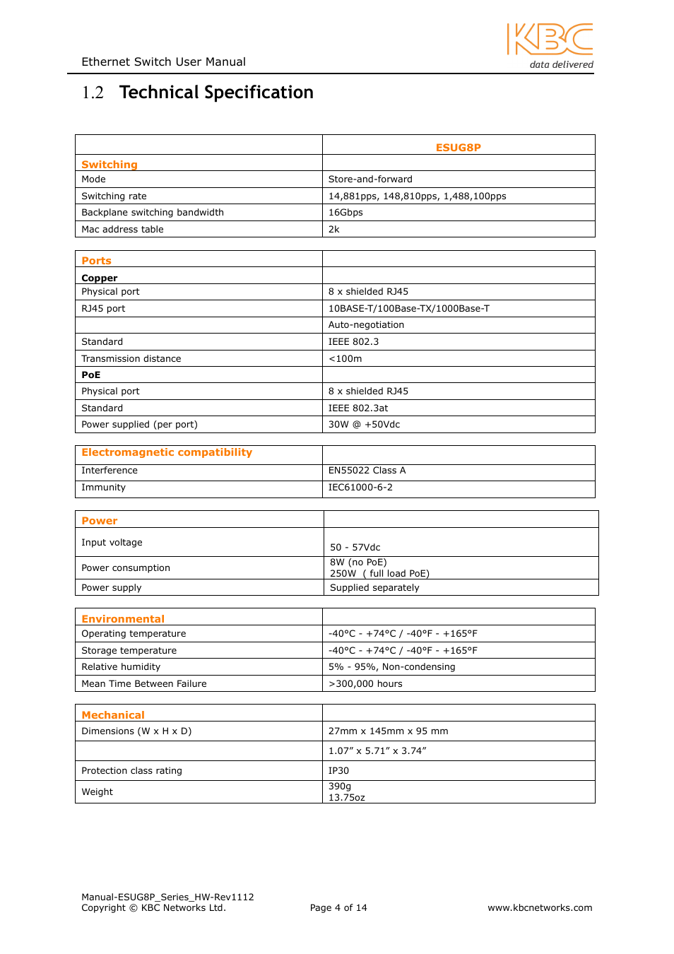 2 technical specification | KBC Networks ESUG8P User Manual | Page 4 / 14