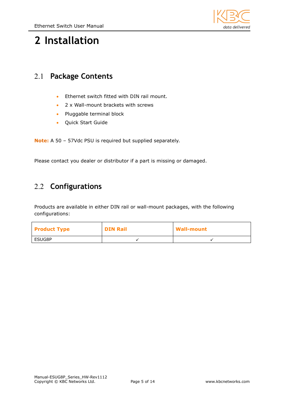 2 installation, 1 package contents, 2 configurations | KBC Networks ESUG8P User Manual | Page 5 / 14